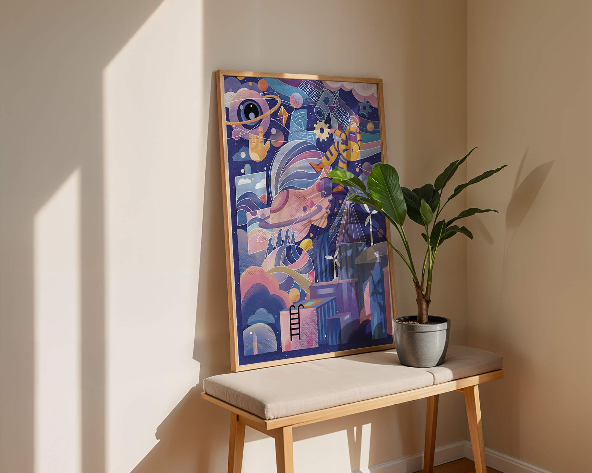 Farbenfrohe futuristische Weltraumillustration mit Astronauten und abstrakten Elementen