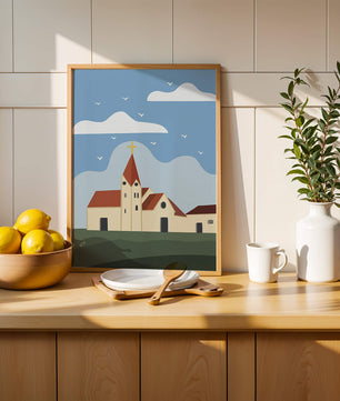 Idyllic Church Landscape with Golden Cross and Blue Sky