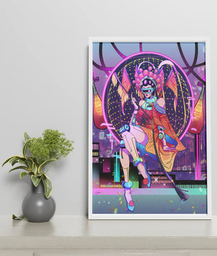 Personaje futurista con atuendo tradicional asiático y telón de fondo de ciudad neón