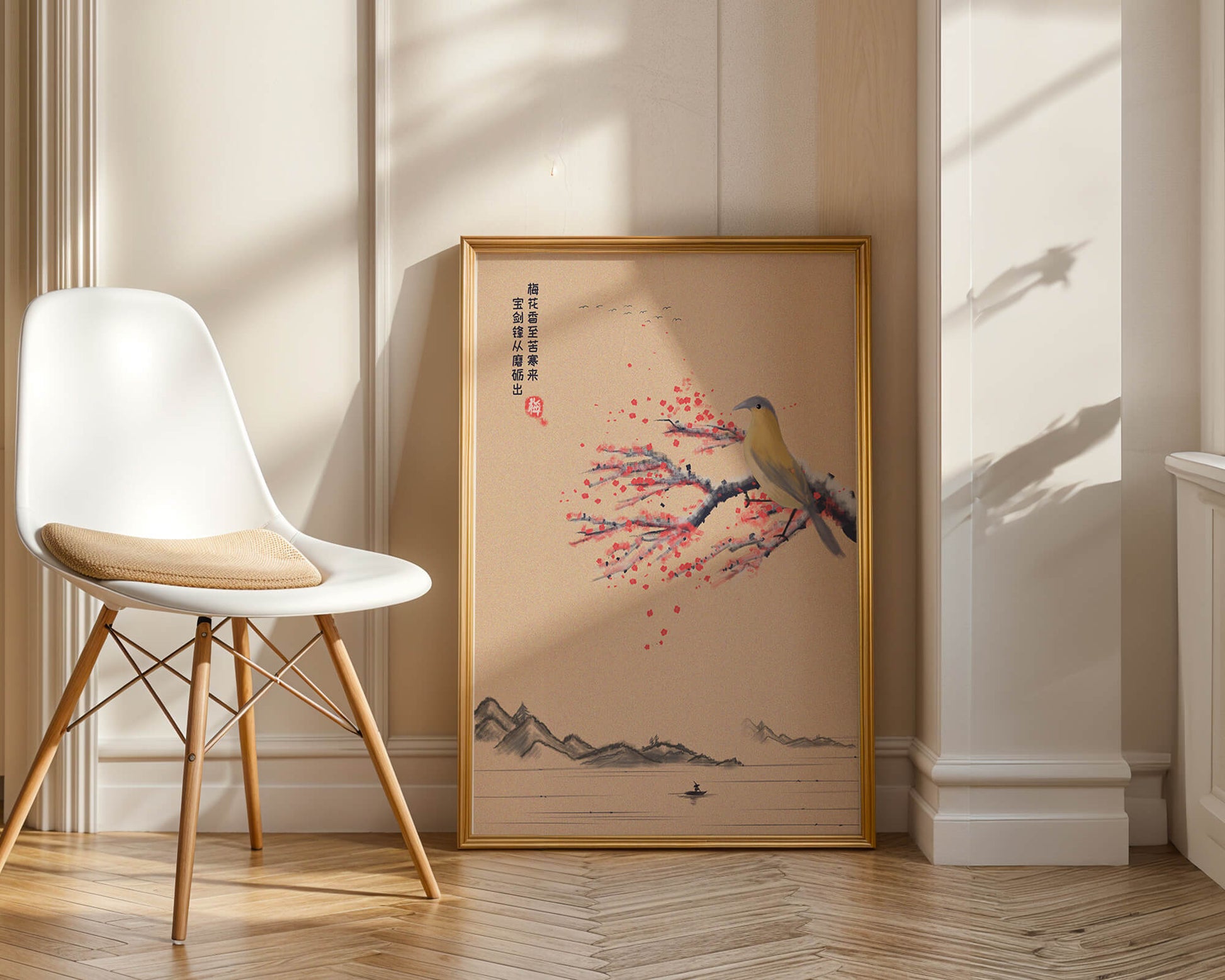 Traditional Chinese painting with bird and blossom branch over tranquil landscape