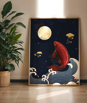 Traditional Japanese koi fish art with moonlit waves and clouds