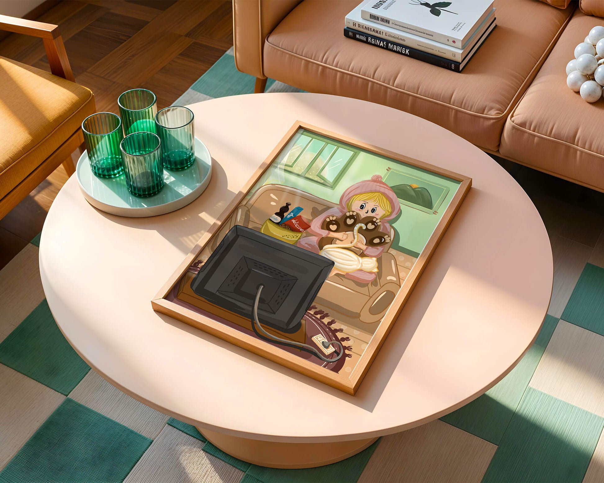 Cozy cartoon scene: person with cat and snacks on a sofa