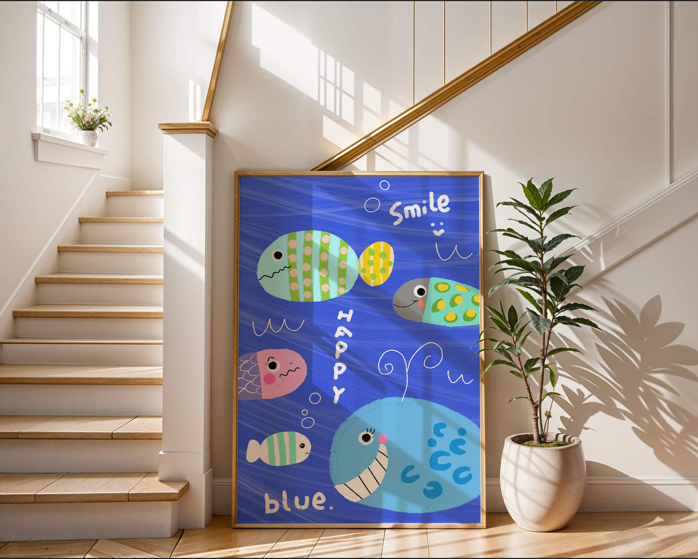 Colorful underwater scene with smiling cartoon fish