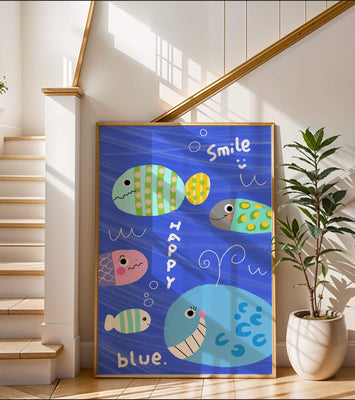 Colorful underwater scene with smiling cartoon fish