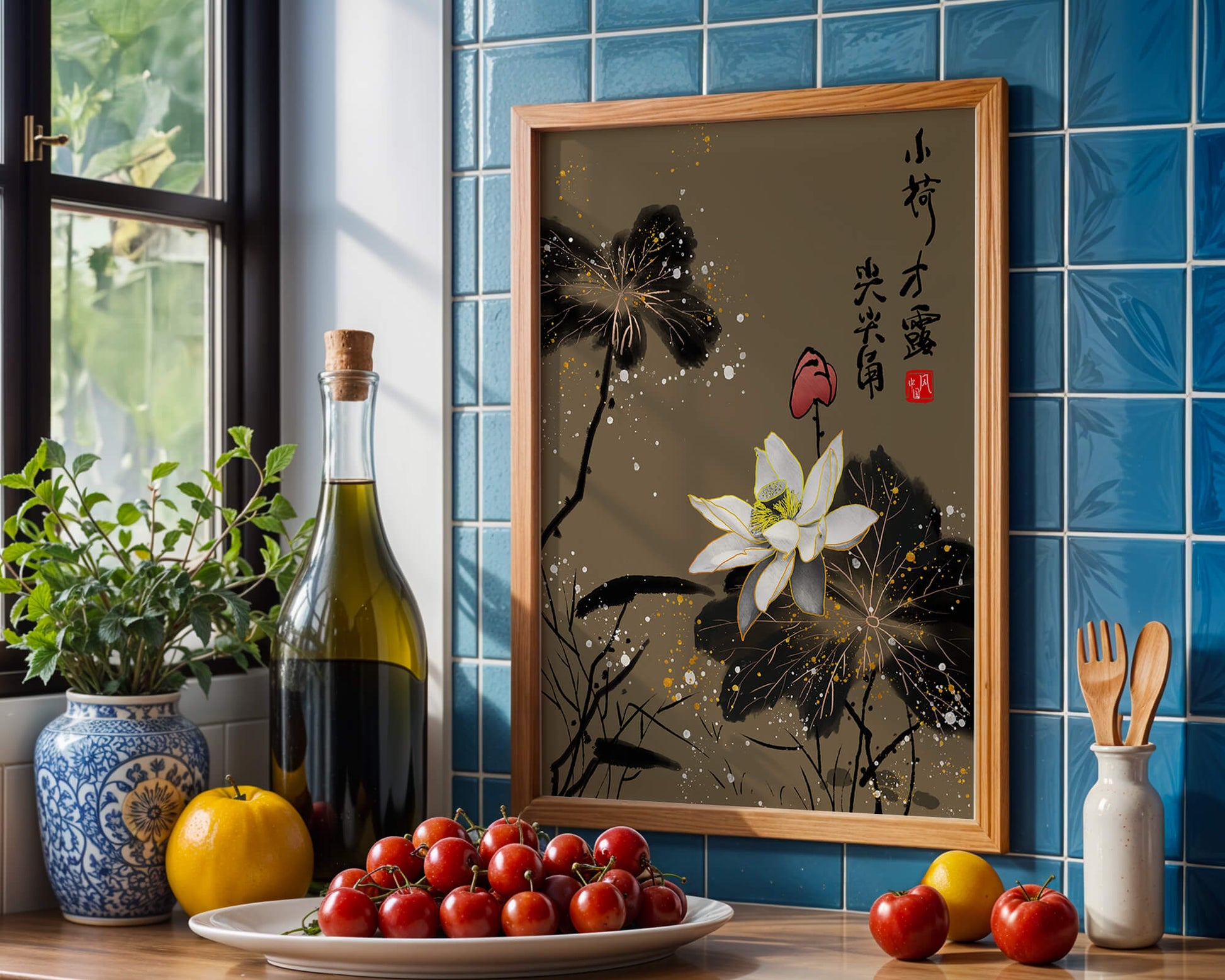 Elegant oriental floral art with gold accents and calligraphy