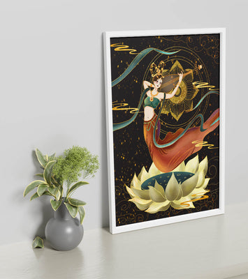 Elegant depiction of a divine musician with golden accents on a lotus