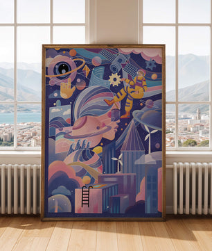 Farbenfrohe futuristische Weltraumillustration mit Astronauten und abstrakten Elementen
