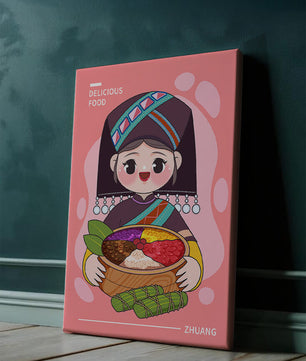 Personnage de dessin animé charmant en tenue traditionnelle tenant un panier de nourriture coloré