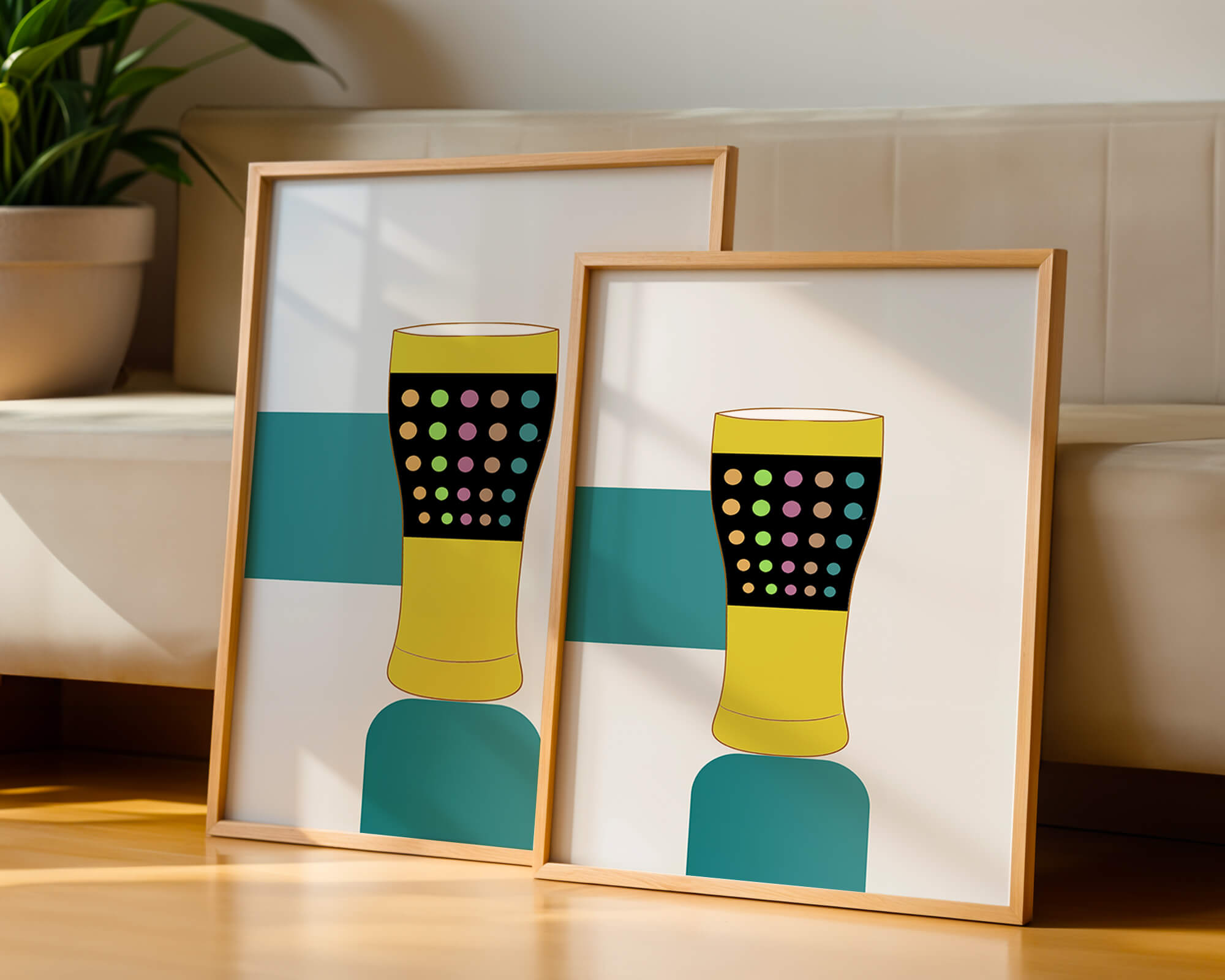 Colorful abstract illustration of a pint glass with dotted pattern