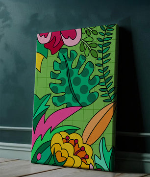 Colorful botanical illustration with vibrant tropical elements