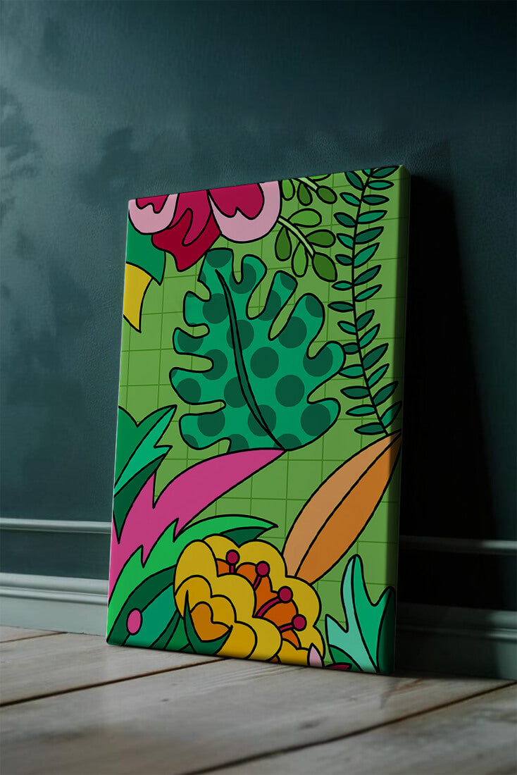 Colorful botanical illustration with vibrant tropical elements