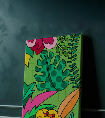 Colorful botanical illustration with vibrant tropical elements