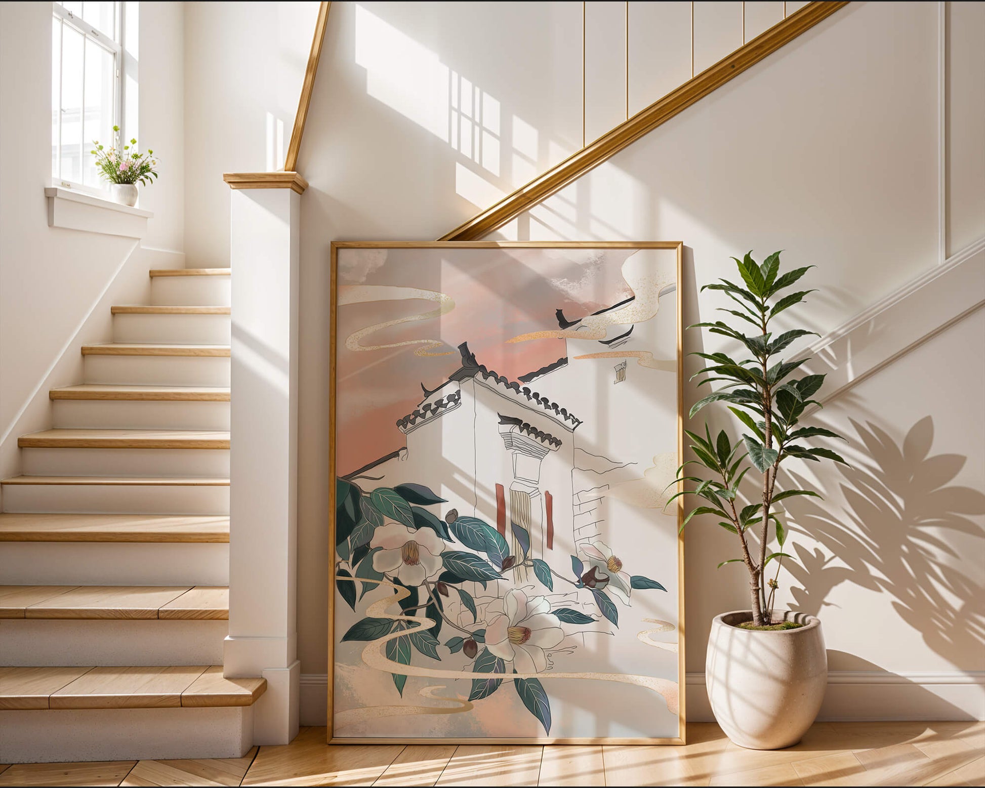 Escena arquitectónica serena con flores y cielo de atardecer