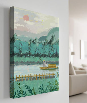 Ruhige Landschaft mit Bootsmann auf dem Fluss bei Sonnenaufgang
