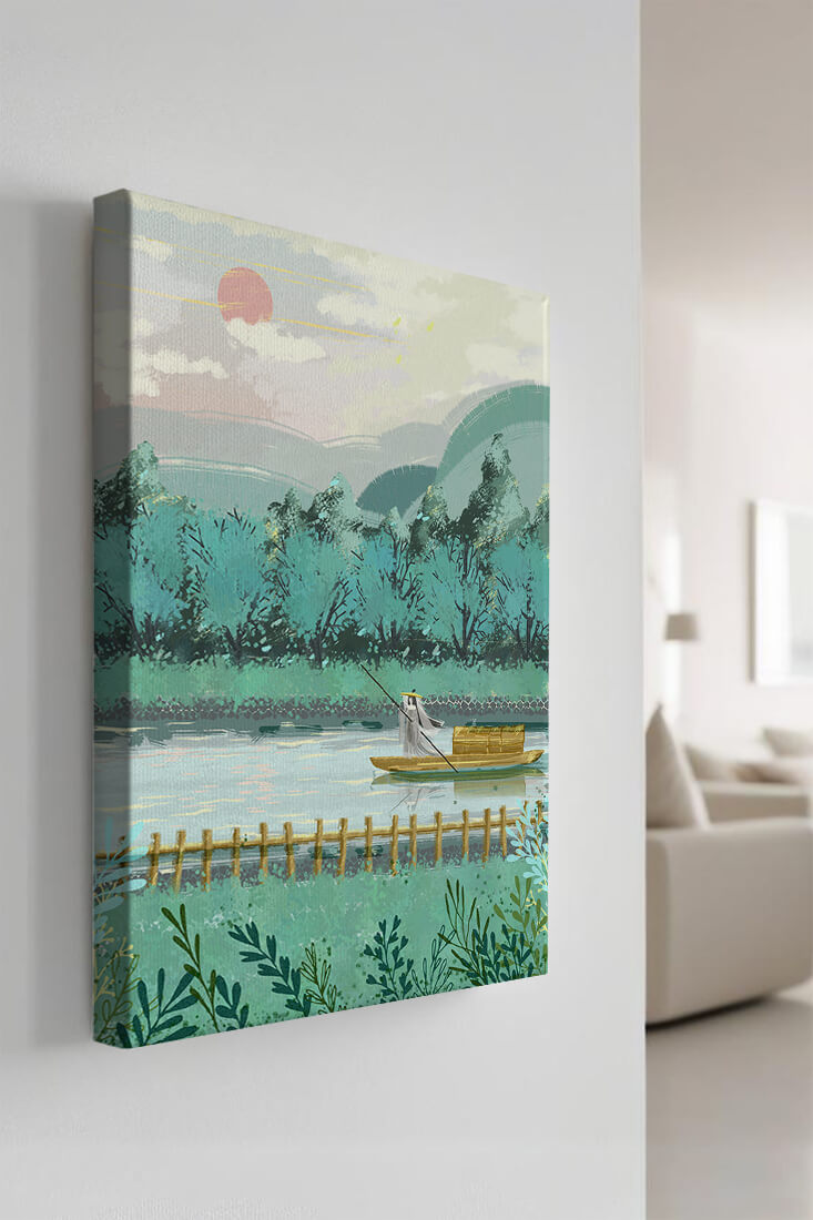 Serene Landscape with Boatman on River at Sunrise
