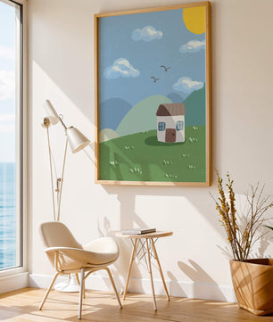 Illustration of a small house on a sunny hillside with clouds in a blue sky