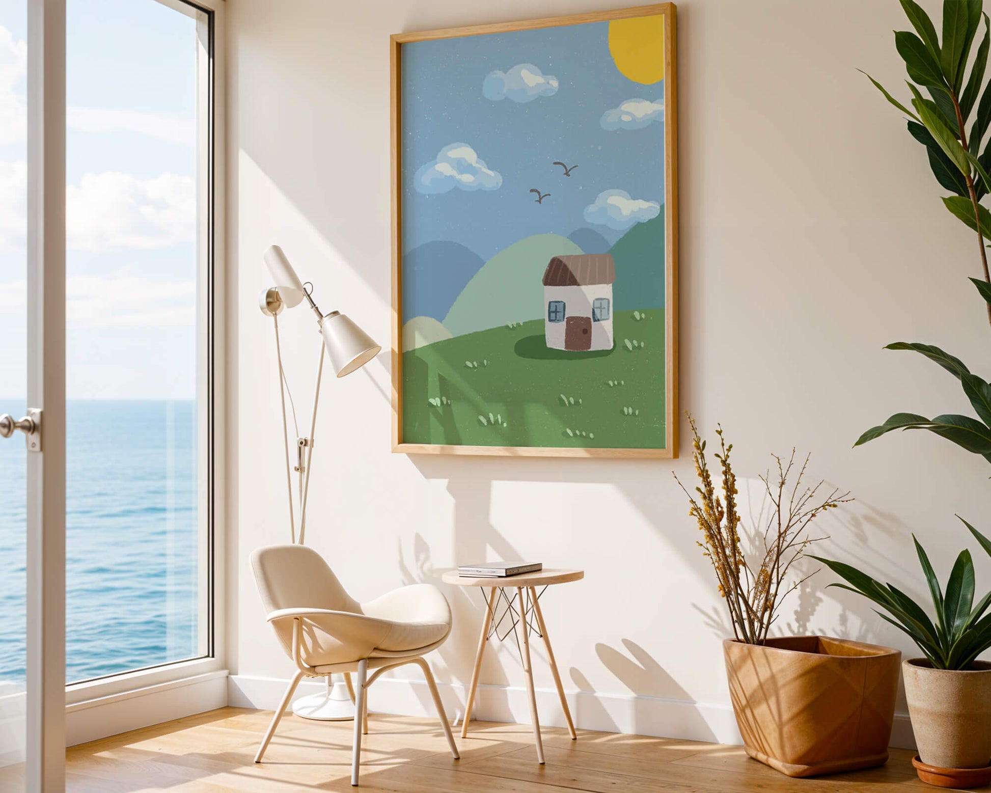 Illustration of a small house on a sunny hillside with clouds in a blue sky