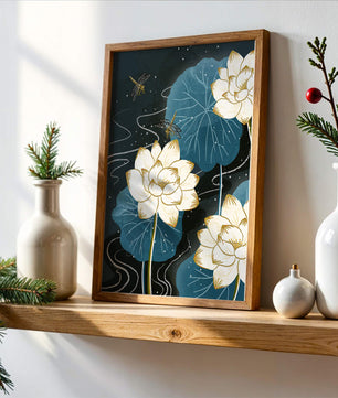 Elegant lotus flowers with dragonflies on a starry night background
