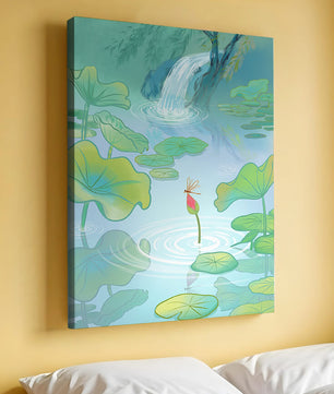 Serene pond scene with lotus leaves and waterfall