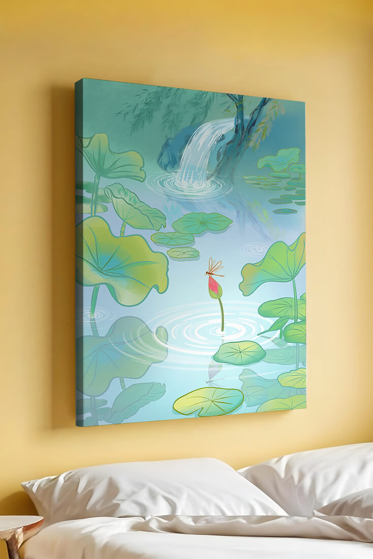 Serene pond scene with lotus leaves and waterfall