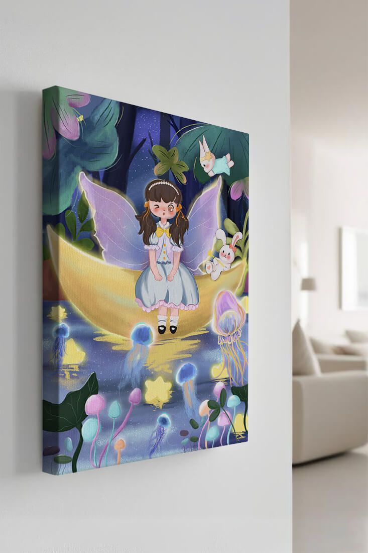 Enchanting fairy scene with glowing jellyfish and moon backdrop