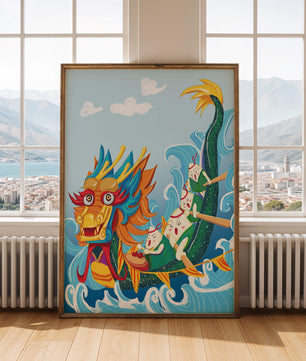Ilustración vibrante de un dragón en un bote con remeros animados
