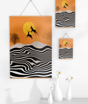 Abstract landscape with jumping deer and golden sun
