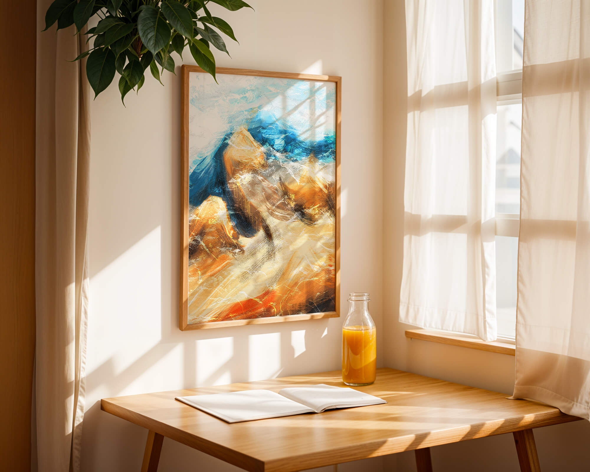 Abstract landscape with blue and golden hues
