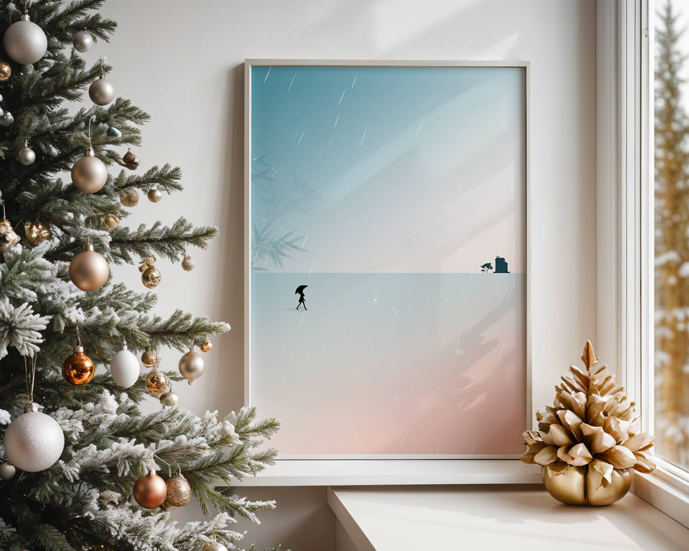 Paisaje Minimalista con Silueta en Ambiente Lluvioso