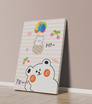 Adorable bears with colorful balloons and cherries on striped background