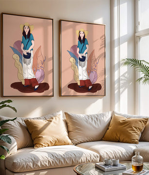 Ilustración de moda de una mujer con sombrero sobre fondo pastel