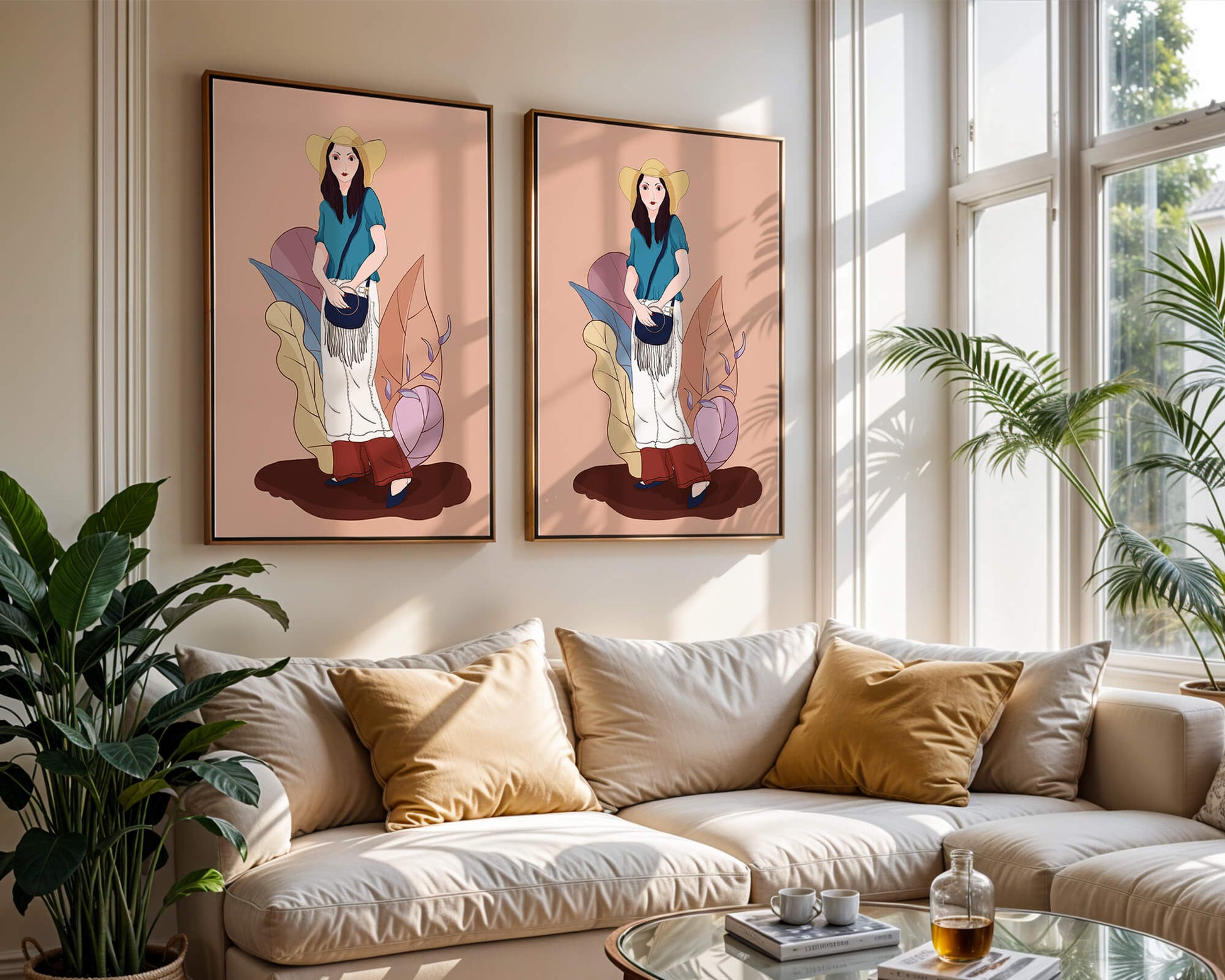 Ilustración de moda de una mujer con sombrero sobre fondo pastel