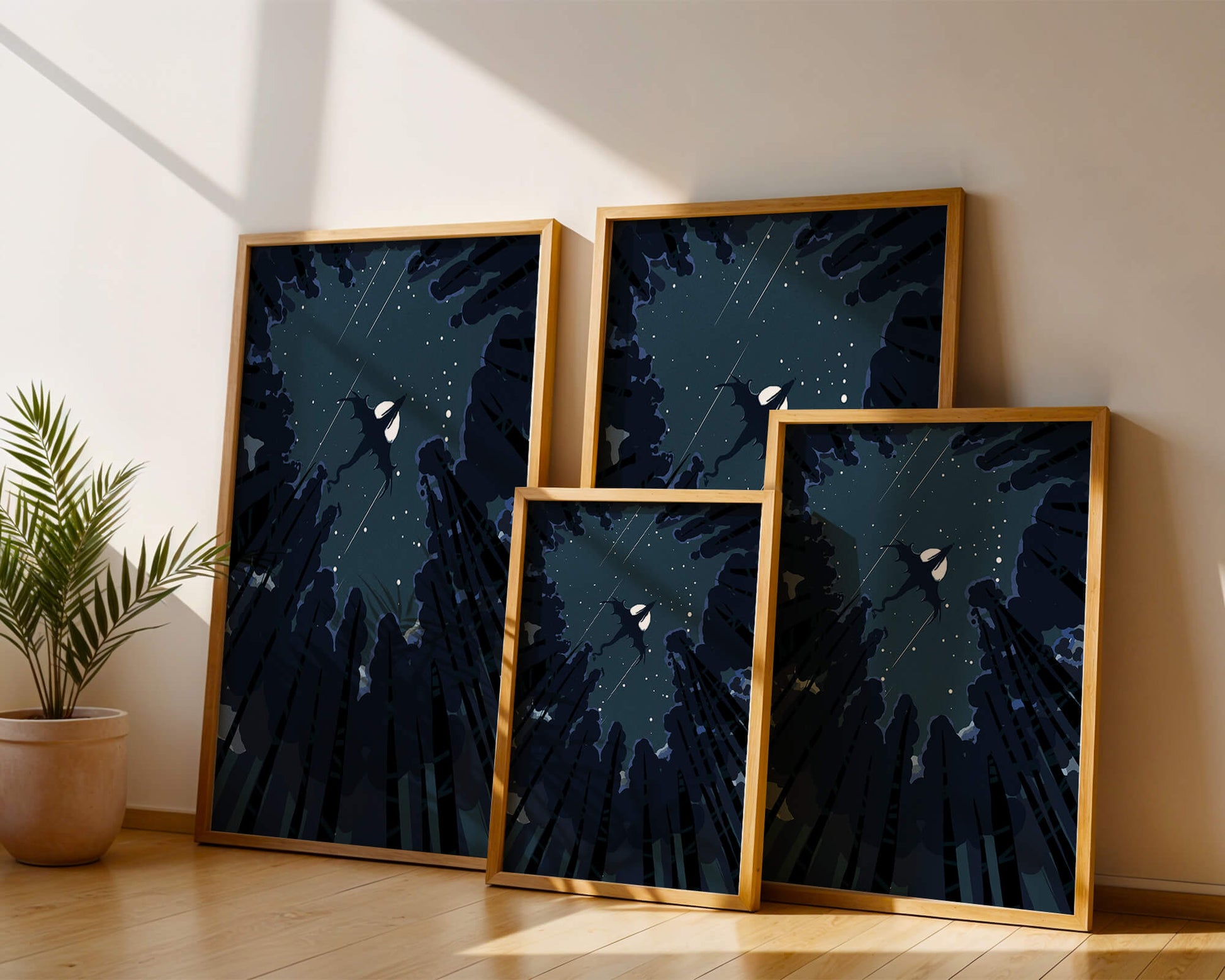Dragon flying through starry night sky above dark forest