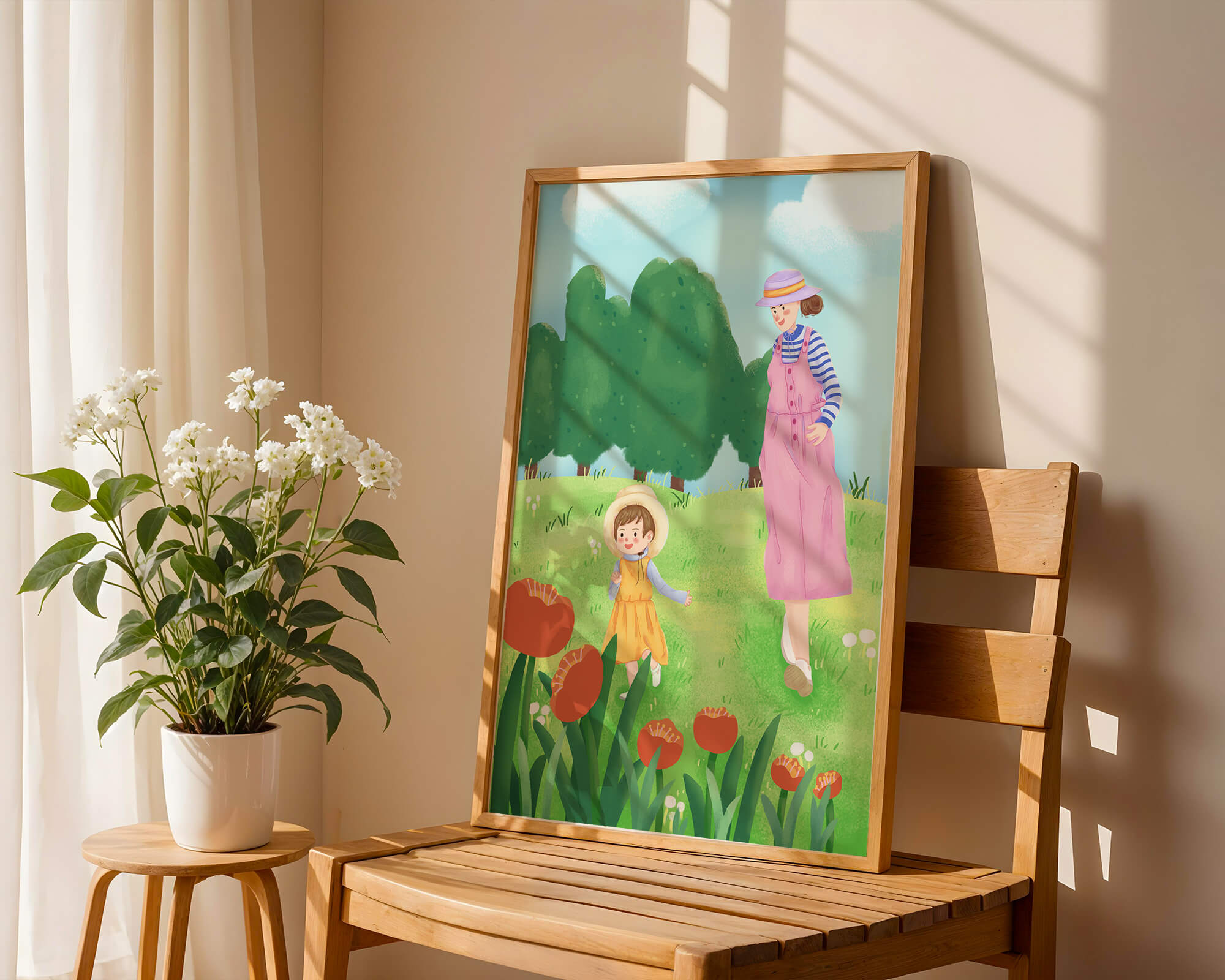Mother and child in a floral garden under clear skies