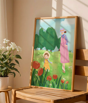 Mother and child in a floral garden under clear skies