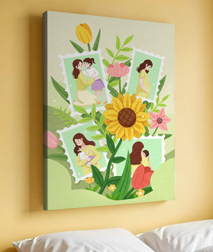 Ilustración de momentos familiares con fondo floral vibrante