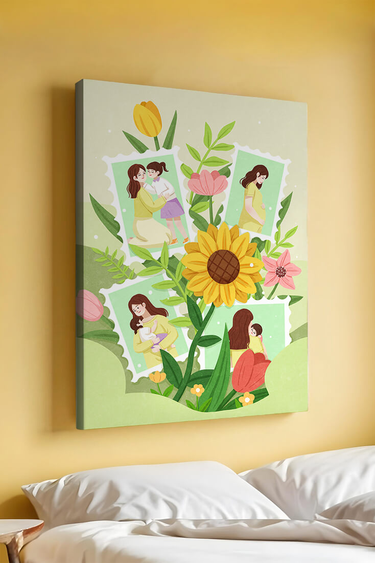 Ilustración de momentos familiares con fondo floral vibrante