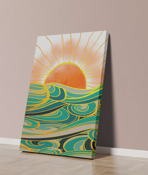 Sunrise over stylized ocean waves with gold accents