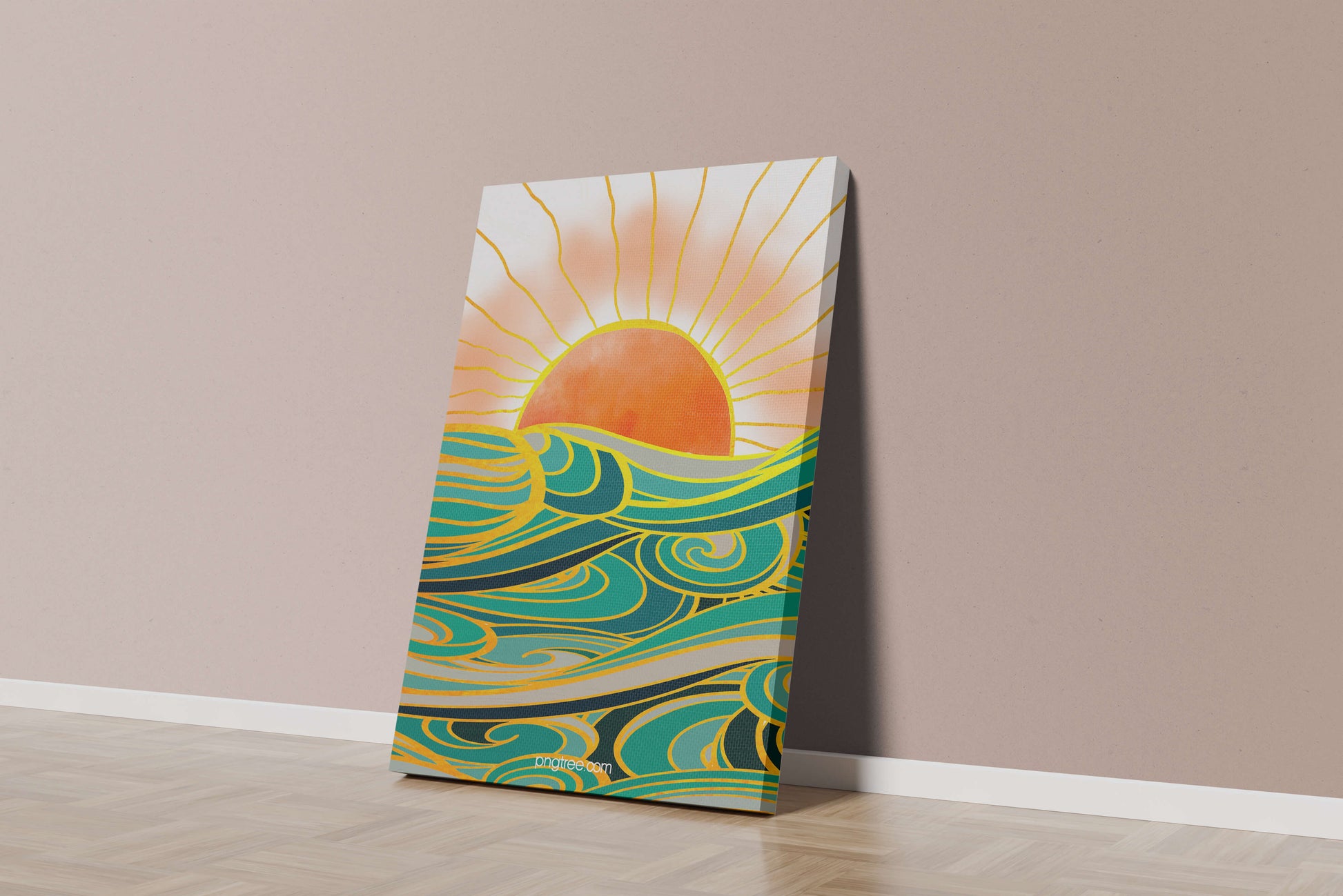 Sunrise over stylized ocean waves with gold accents