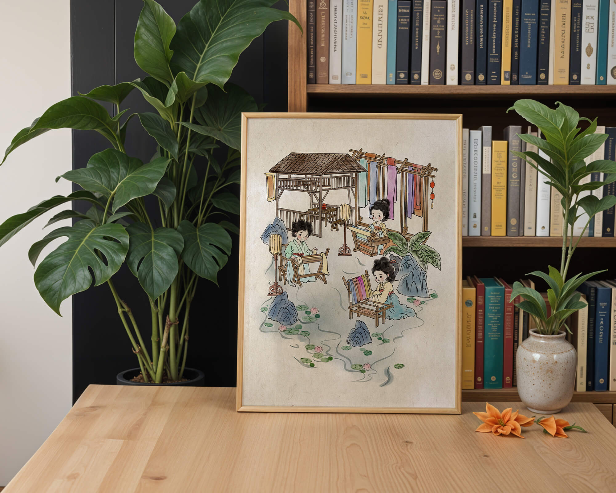 Charming illustration of traditional textile crafts in a serene setting