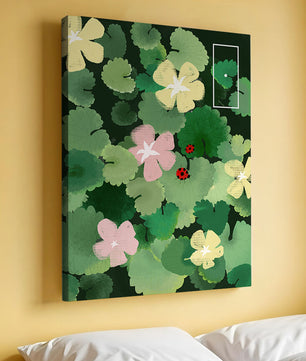 Colorful floral illustration with ladybugs in a lush garden setting