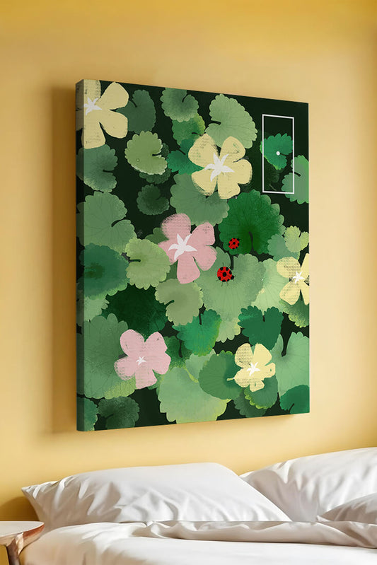 Colorful floral illustration with ladybugs in a lush garden setting