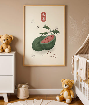 Watermelon With Dragonflies And Asian Script Minimalist Illustration - Mi tienda