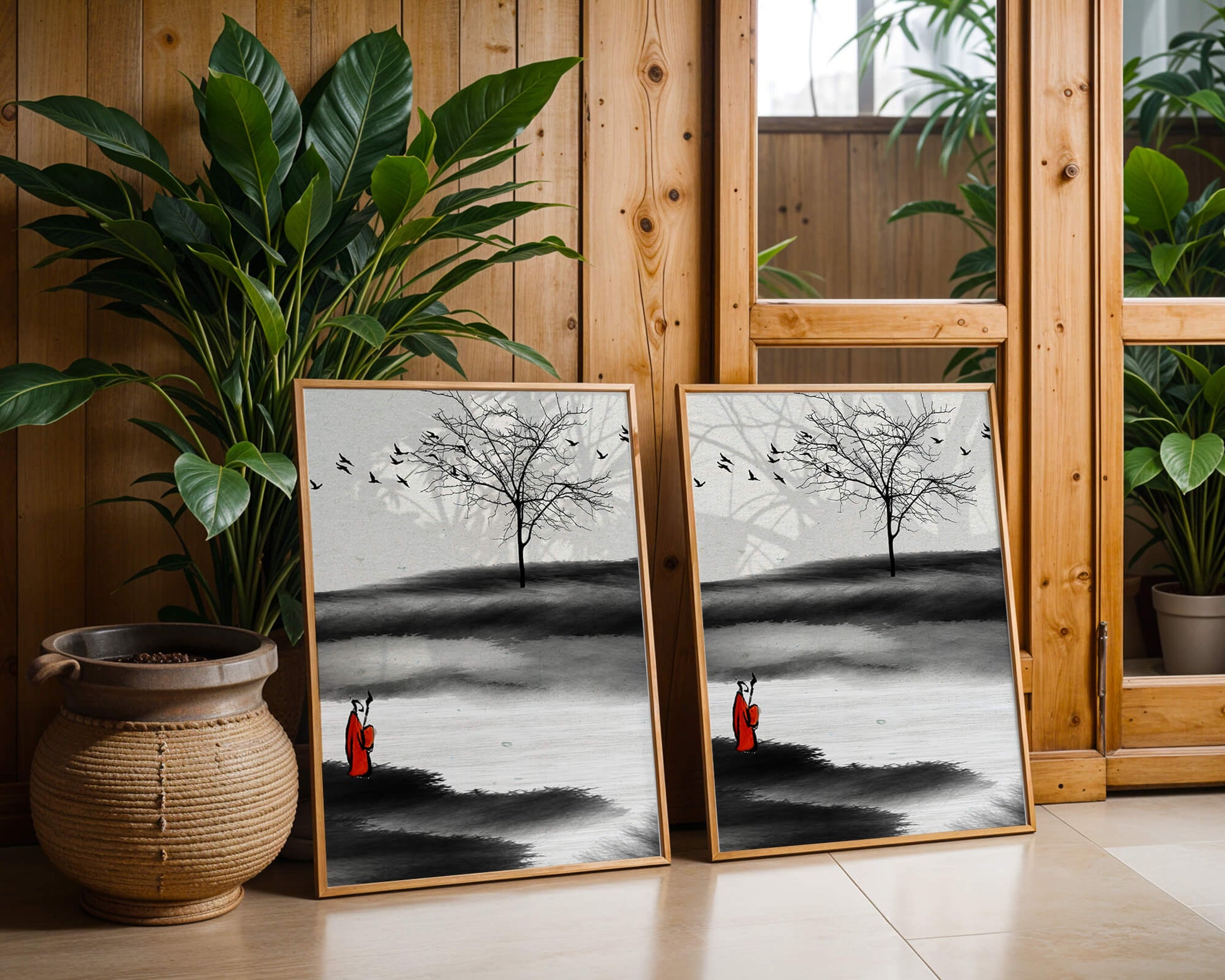 Contemplative Monk with Birds and Bare Tree in Serene Landscape