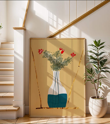 Vase with Red Flowers and Golden Accents