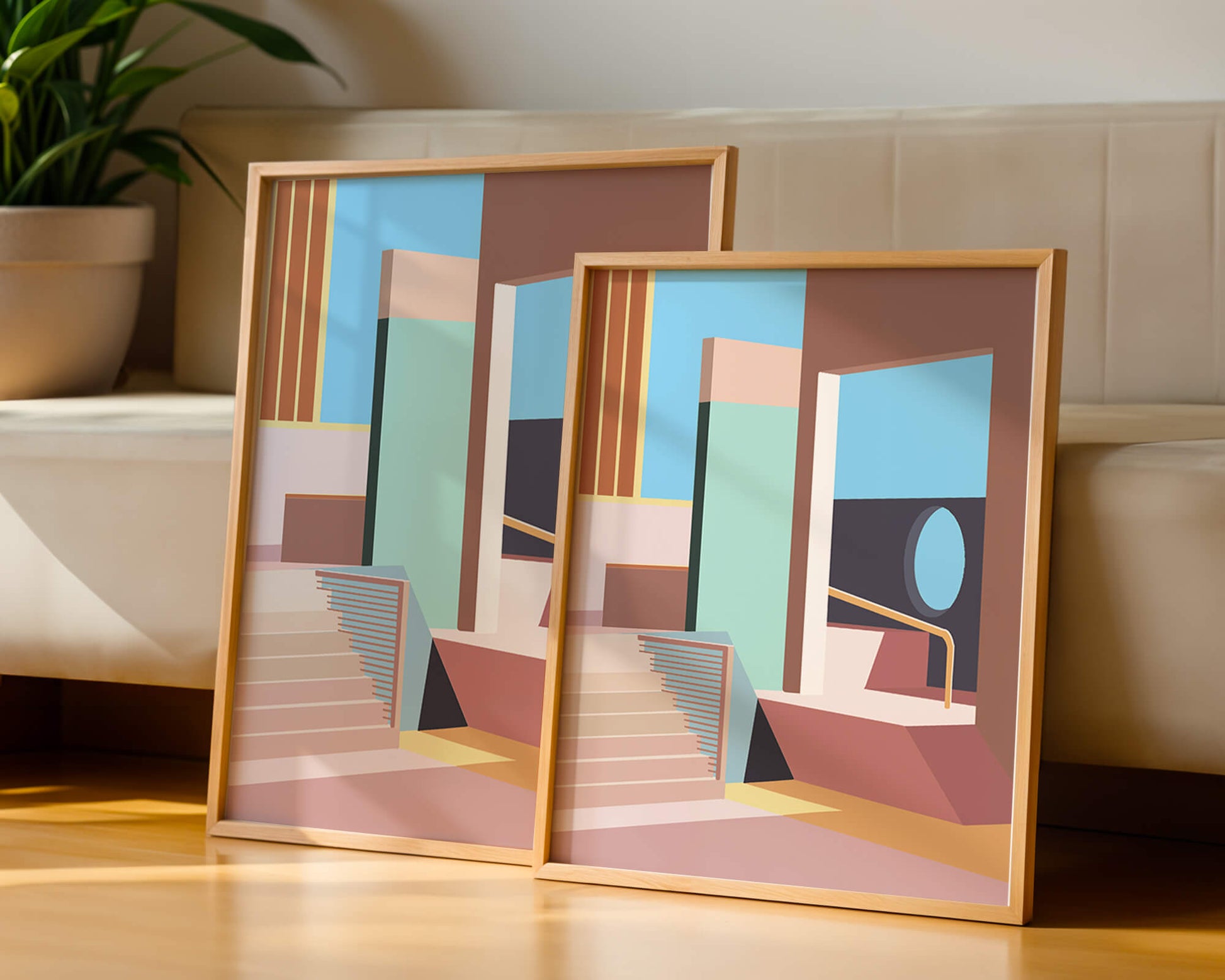 Diseño arquitectónico moderno con elementos geométricos pastel