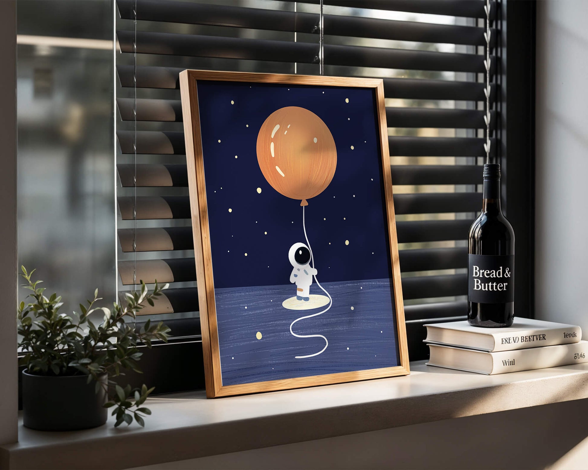 Charming Astronaut Holding Large Orange Balloon Under Starry Sky