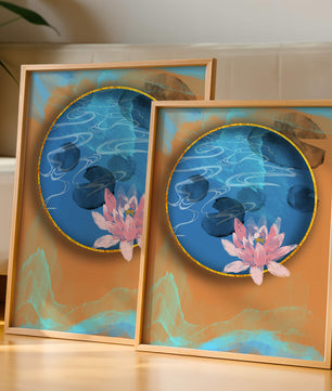 Abstrakte Seerosenkunst mit goldenen Akzenten auf blauem und orangefarbenem Hintergrund