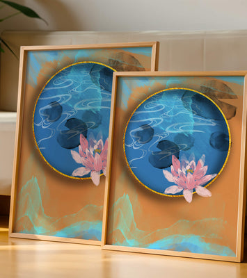 Abstract water lily art with gold accents on blue and orange background