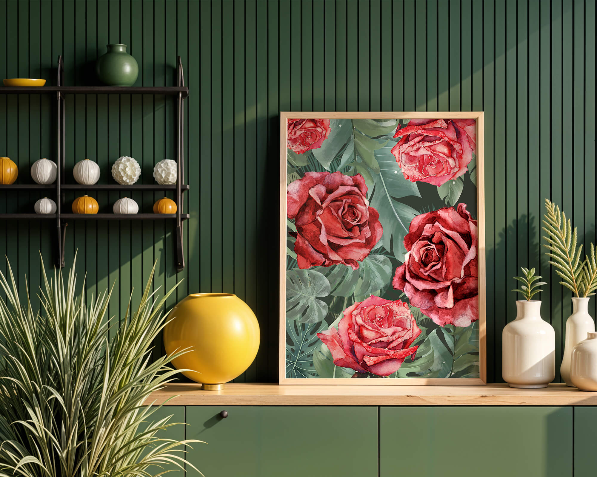 Red roses and green foliage pattern in watercolor style